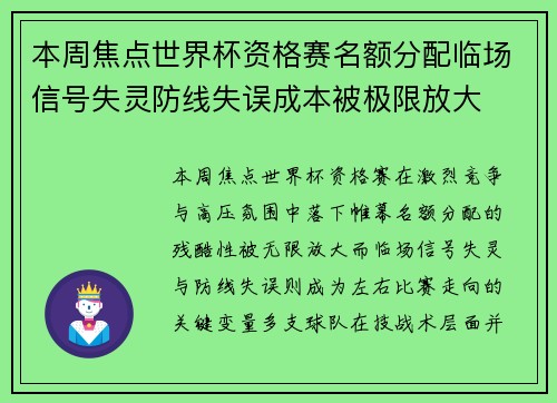 本周焦点世界杯资格赛名额分配临场信号失灵防线失误成本被极限放大